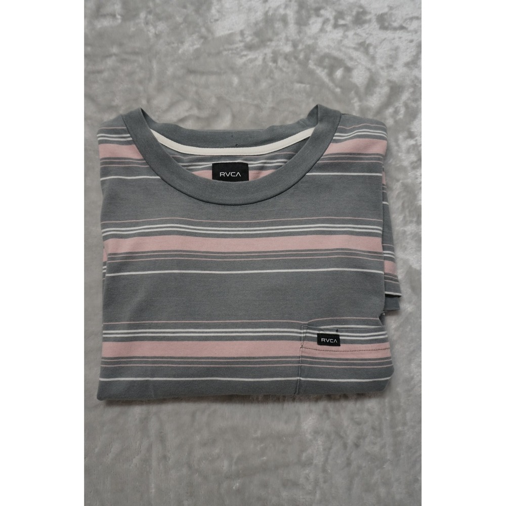 RVCA Men's Striped Pocket T-Shirt Gray Pink White Easy Fit XL Minor Destress